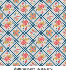Japanese Flower Diamond Net Vector Seamless Pattern