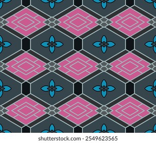Japanese Flower Diamond Net Vector Seamless Pattern