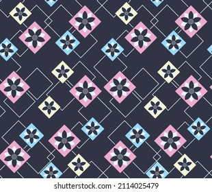 Japanese Flower Diamond Square Vector Seamless Pattern