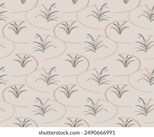 Japanese Flower Grass Vector Seamless Pattern