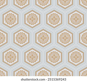Japanese Flower Hexagon Mosaic Vector Seamless Pattern