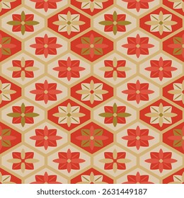 Japanese Flower Hexagon Mosaic Vector Seamless Pattern
