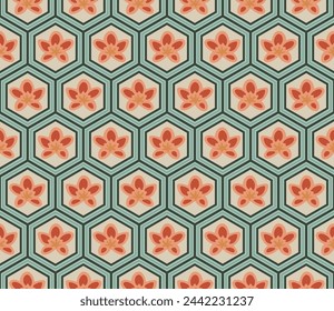 Japanese Flower Hexagon Vector Seamless Pattern