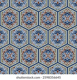 Japanese Flower Hexagon Vector Seamless Pattern

