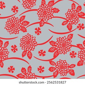 Japanese Flower Leaf Curl Line Vector Seamless Pattern