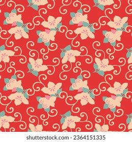 Japanese Flower Leaf Curl Vine Vector Seamless Pattern
