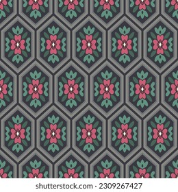 Japanese Flower Leaf Hexagon Mosaic Vector Seamless Pattern