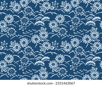 Japanese Flower Leaf Motif Wave Vector Seamless Pattern