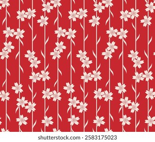 Japanese Flower Leaf Stripe Vector Seamless Pattern