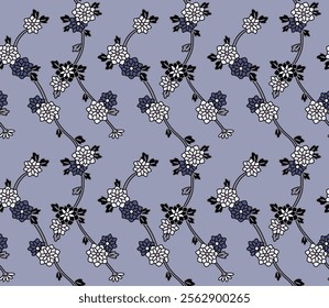 Japanese Flower Leaf Vine Vector Seamless Pattern
