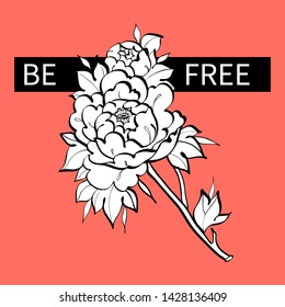 Japanese flower with leaves. Fashion vector illustration. Tattoo flower. Peone flower of Japanese style. Vector illustrution. - Vector.