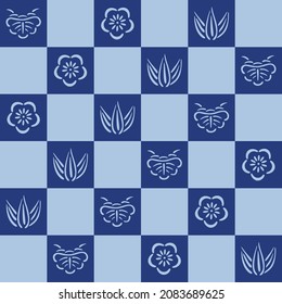 Japanese Flower Motif Checkered Vector Seamless Pattern