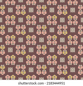 Japanese Flower Motif Checkered Vector Seamless Pattern