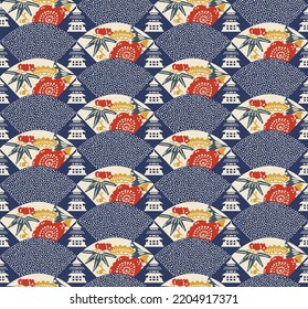 Japanese Flower Motif Fan Wave Vector Seamless Pattern