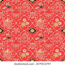 Japanese Flower Motif Net Vector Seamless Pattern