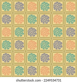 Japanese Flower Motif Plaid Vector Seamless Pattern