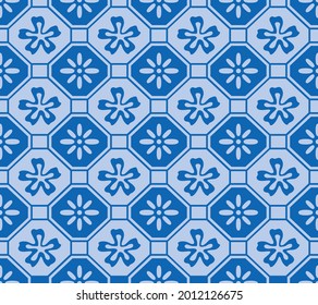 Japanese Flower Octagon Mosaic Vector Seamless Pattern