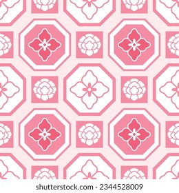 Japanese Flower Octagon Mosaic Vector Seamless Pattern