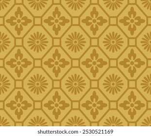 Japanese Flower Octagon Mosaic Vector Seamless Pattern