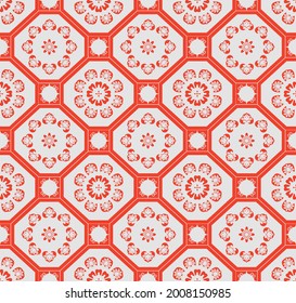 Japanese Flower Octagon Tile Vector Seamless Pattern