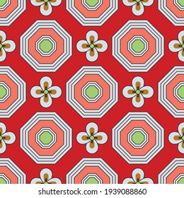 Japanese Flower Octagon Vector Seamless Pattern