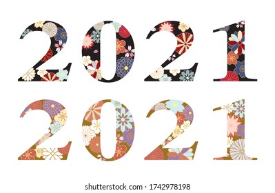 Japanese flower pattern. 2021 vector typography set.