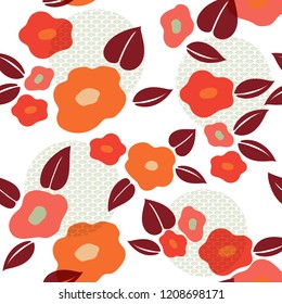 Japanese flower pattern vector. Red floral background with geometric pattern.