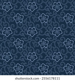 Japanese Flower Swirl Branch Vector Seamless Pattern