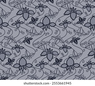 Japanese Flower Swirl Vine Vector Seamless Pattern
