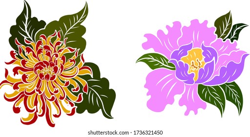 Japanese flower for tattoo design on background.Peony flower for printing on shirt.Floral for doodle art and coloring book on white isolated background.Peony vector illustration for tattoo style.