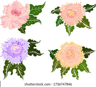 Japanese flower for tattoo design on background.Peony flower for printing on shirt.Floral for doodle art and coloring book on white isolated background.Peony vector illustration for tattoo style.
