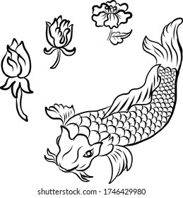 Japanese flower for tattoo design on background.Peony flower for printing on shirt.Floral for doodle art and coloring book on white isolated background.Peony vector illustration for tattoo style.
