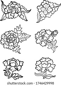 Japanese flower for tattoo design on background.Peony flower for printing on shirt.Floral for doodle art and coloring book on white isolated background.Peony vector illustration for tattoo style.Thai.