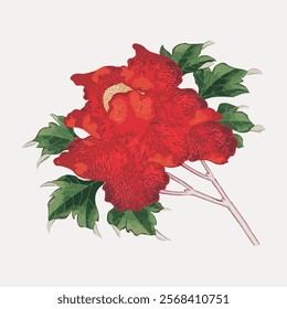 Hokusai’s Japanese flower vector. Red floral plant. Vintage red botanical flower art drawing illustration, old painting art print of red flower. Spring botanical concept.