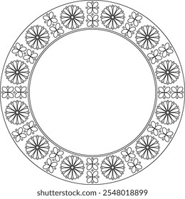 Japanese flowers abstract frame. Black outline vector pattern round border. Holiday copy space frame