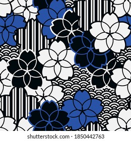 Japanese flowers pattern in black white and blue oriental style.  Vector seamless pattern design for textile, fashion, paper, packaging and branding. 