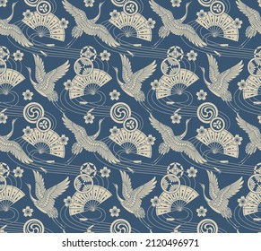 Japanese Flying Crane Bird Motif Vector Seamless Pattern