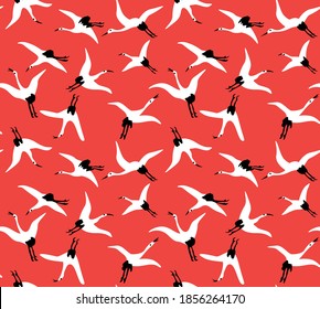 Japanese Flying Crane Vector Seamless Pattern