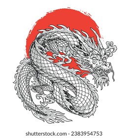 Japanese flying dragon colorful sticker with evil snake with short legs near red circle symbolizing national traditions vector illustration