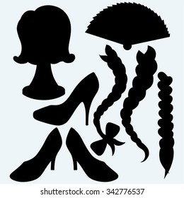 Japanese folding fan, heel shoes, wig and female plait. Isolated on blue background. Vector silhouettes