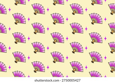 Japanese Folding Fan Seamless Pattern Automotive Background. Traditional Asian With Accessories for Culture Theme Vector Design