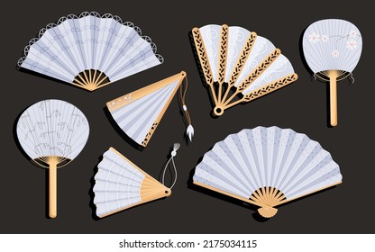 Japanese folding fans. Hand round traditional chinese items, decoration wooden objects, uchiwa and sensu. Geisha attribute. Isolated elegant Asian elements set. Vector illustration items