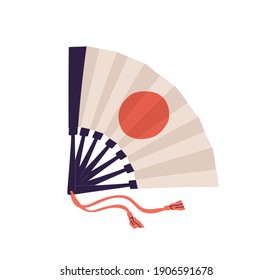 Japanese folding hand fan with symbol of Japan or red-colored disc of sun. Traditional Asian accessory. Colorful flat vector illustration isolated on white background