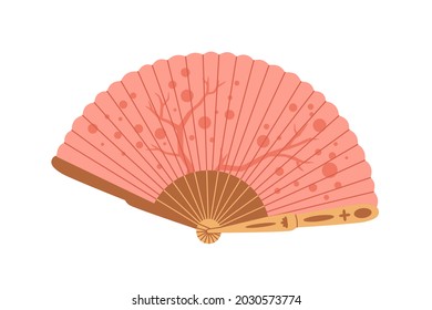 Japanese folding paper hand fan. Asian handheld item for cooling. Japan traditional accessory with oriental pattern. Colored flat vector illustration isolated on white background