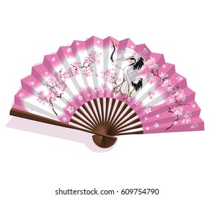 Japanese folding paper sansu fan. The fan is pink and white with a cherry blossoms and two cranes . National traditional Japanese souvenirs, symbols, amulets and accessories. Vector illustration.