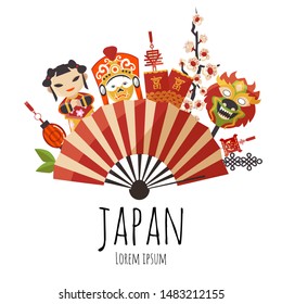 Japanese folding red and golden stripped fan with cherry blossom, dolls and masks, japanese symbols vector illustration. Poster in japanese symbols.