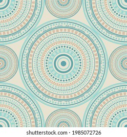 Japanese folk motifs seamless pattern. Round medallion mandala geometric tiles. Textile print template. Retro fashion pattern. Floral geometric circular seamless ornament.
