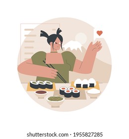 Japanese food abstract concept vector illustration. Oriental cuisine, japanese sushi takeout, gourmet food market, traditional asian restaurant menu, takeaway, chopsticks eating abstract metaphor.