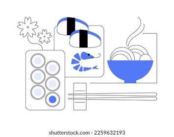 Japanese food abstract concept vector illustration. Oriental cuisine, japanese sushi takeout, gourmet food market, traditional asian restaurant menu, takeaway, chopsticks eating abstract metaphor.