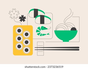 Japanese food abstract concept vector illustration. Oriental cuisine, japanese sushi takeout, gourmet food market, traditional asian restaurant menu, takeaway, chopsticks eating abstract metaphor.